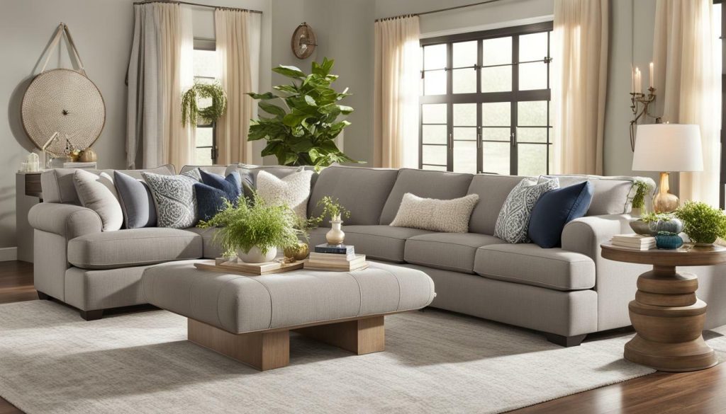 living room with laurel gray sofa